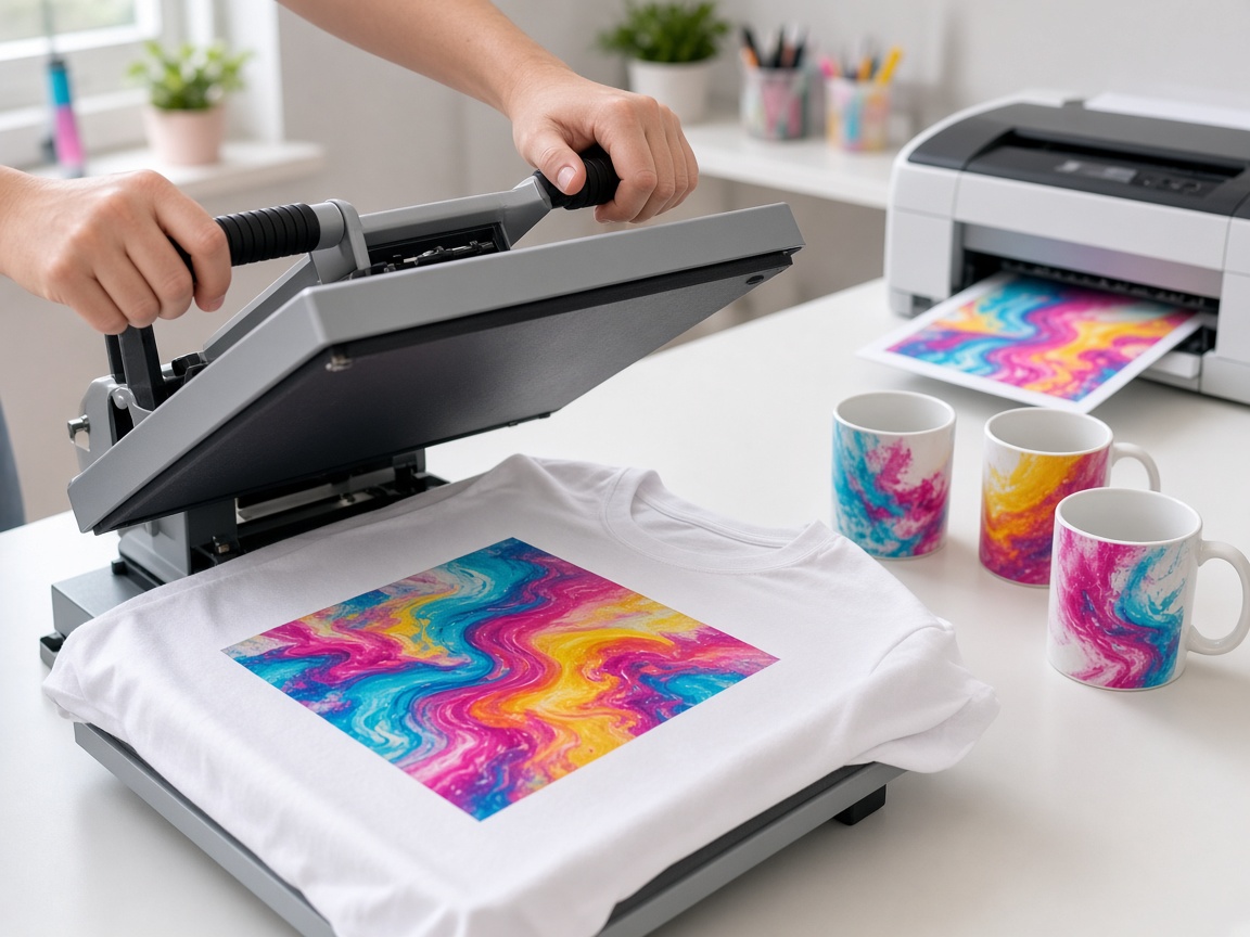 Manos abriendo una prensa térmica con una camiseta recién sublimada a todo color